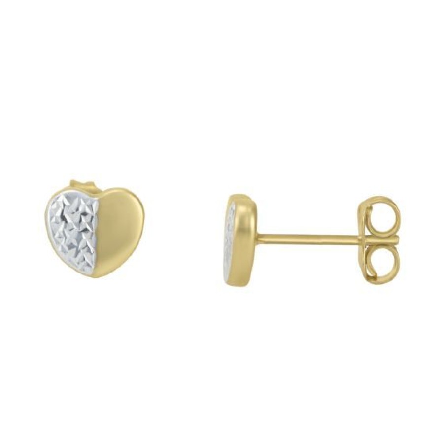 Joyeria Cristal Joyas | Aretes Broqueles Corazon Oro Amarillo Y Blanco 14K Pulido Texturizado