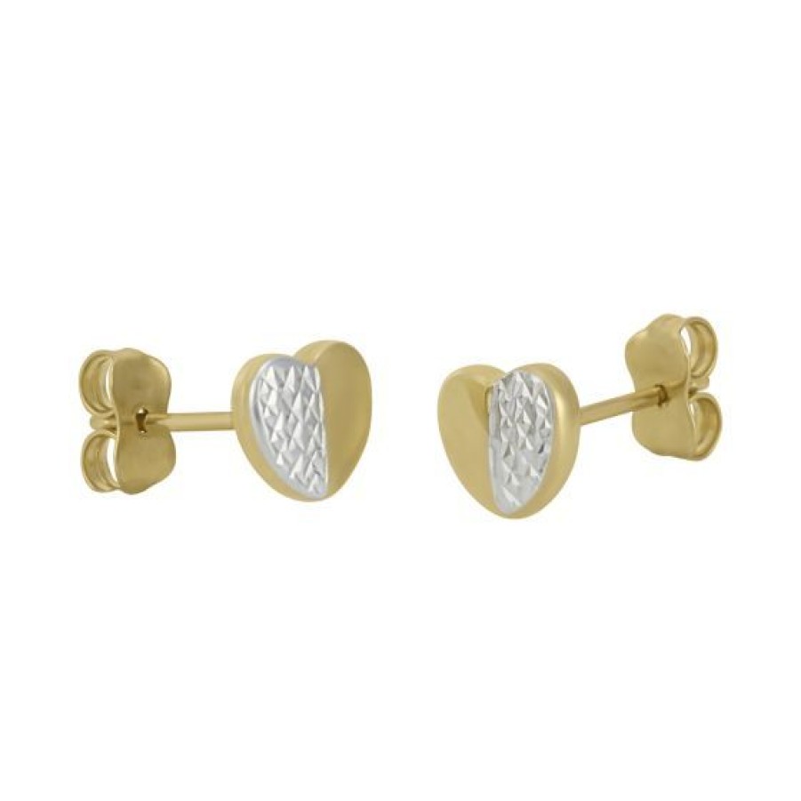 Joyeria Cristal Joyas | Aretes Broqueles Corazon Oro Amarillo Y Blanco 14K Pulido Texturizado